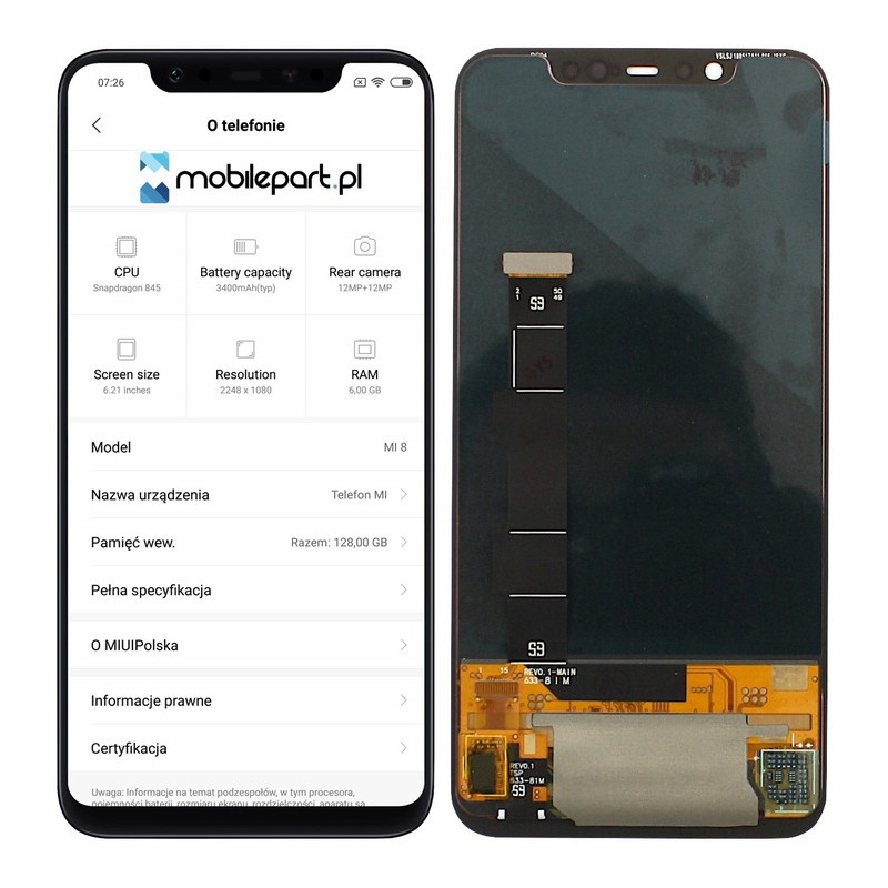 Przód i tył Wyświetlacza Zamiennik Xiaomi Mi 8 Bez ramki Czarny